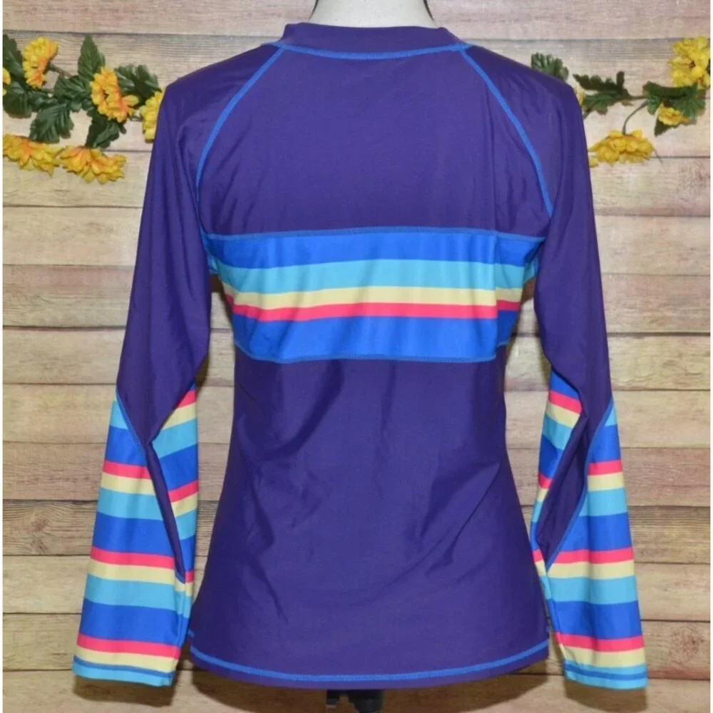 Women’s Long Sleeve Rash Guard Bikini Set in Purple with Multi-Color Stripes